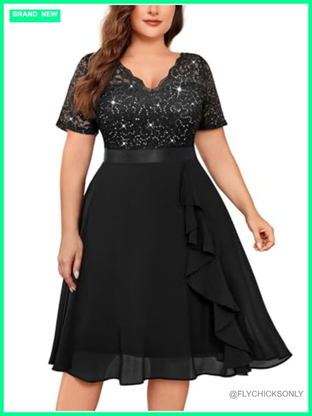 Plus Size Sequin Lace Ruffle Cocktail Party Dress A-Line V-Neck